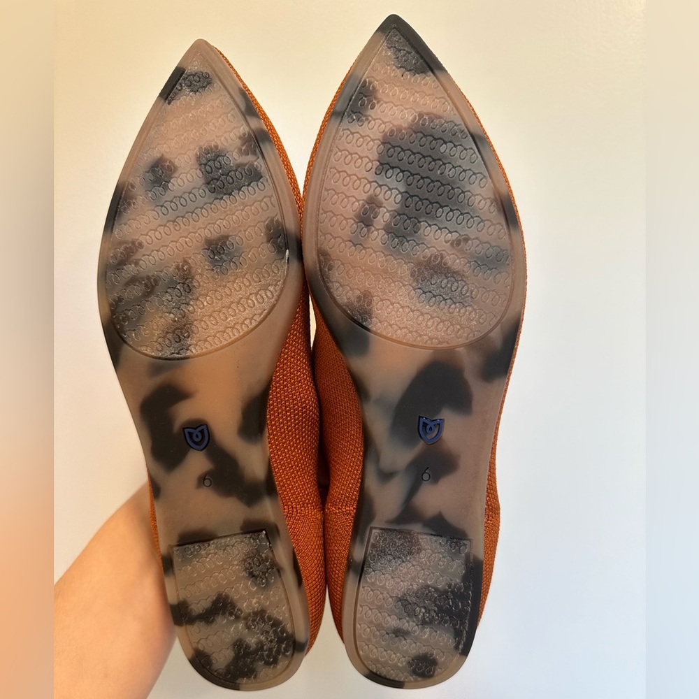 Rothy's Rust Brown Pointed Knit Flats with Blue Trim - Picture 2 of 7